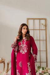 BrandsInn-3PC DHANAK EMBROIDERED SHIRT WITH DHANAK SHAWL AND TROUSER-BI-4296