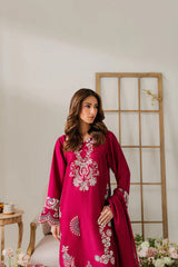 BrandsInn-3PC DHANAK EMBROIDERED SHIRT WITH DHANAK SHAWL AND TROUSER-BI-4296