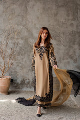 BrandsInn-3PC DHANAK EMBROIDERED SHIRT WITH CHIFFON TYE&DYE DUPATTA AND TROUSER-BI-5287