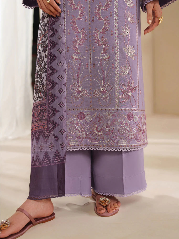 BrandsInn-3PC DHANAK EMBROIDERED SHIRT WITH COURTRAI PRINTED SHAWL AND TROUSER-BI-4295