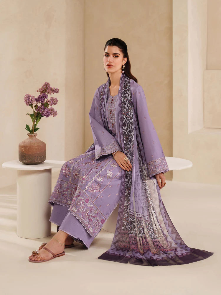 BrandsInn-3PC DHANAK EMBROIDERED SHIRT WITH COURTRAI PRINTED SHAWL AND TROUSER-BI-4295