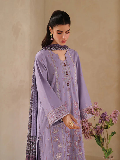 BrandsInn-3PC DHANAK EMBROIDERED SHIRT WITH COURTRAI PRINTED SHAWL AND TROUSER-BI-4295