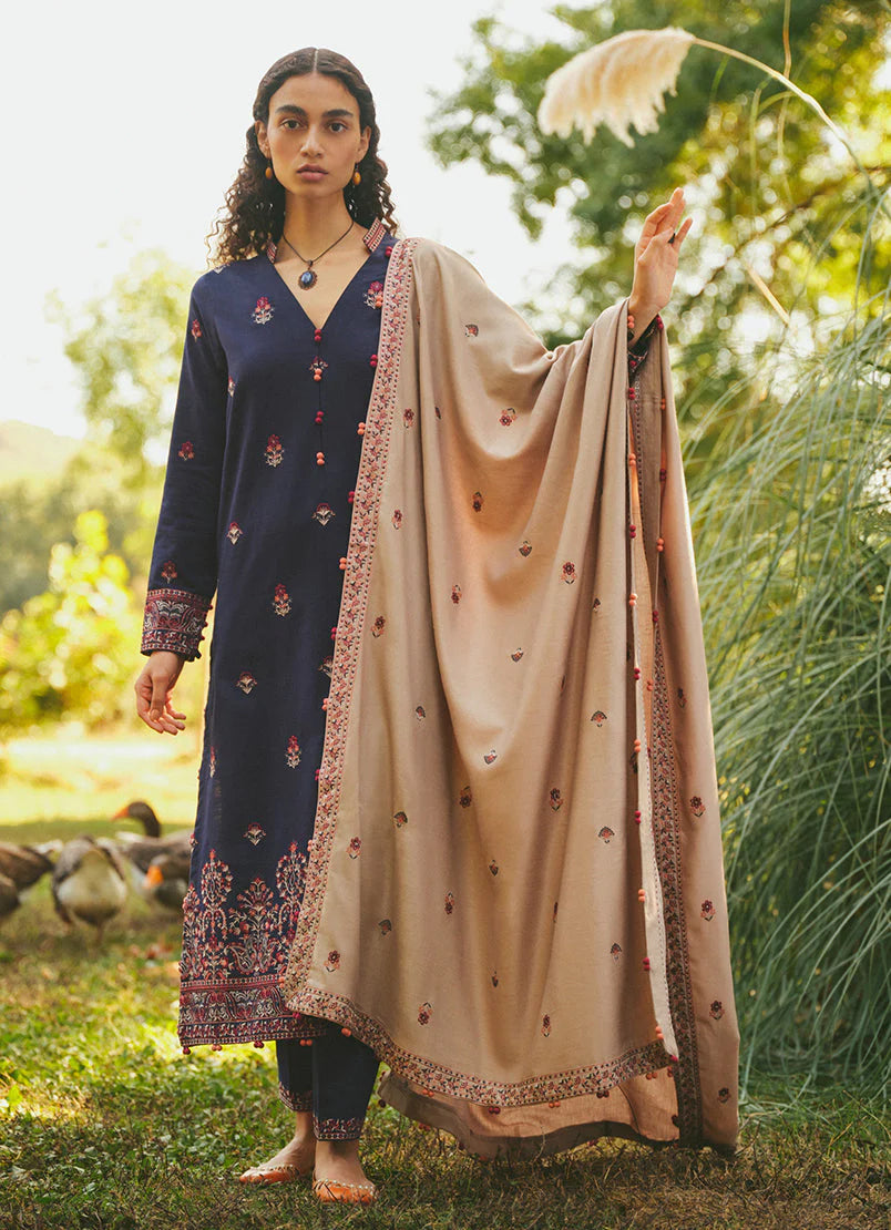 BrandsInn- 3PC DHANAK EMBROIDERED SHIRT WITH DHANAK EMBROIDERED SHAWL & EMB TROUSER-BI-4069