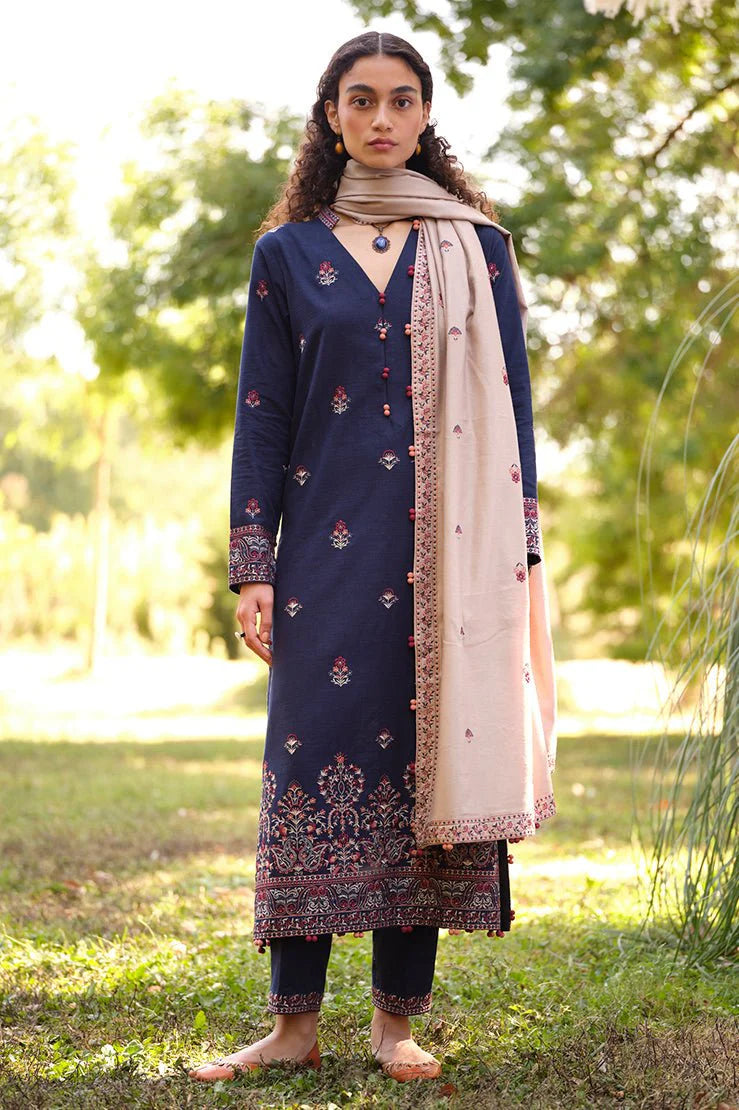 BrandsInn- 3PC DHANAK EMBROIDERED SHIRT WITH DHANAK EMBROIDERED SHAWL & EMB TROUSER-BI-4069