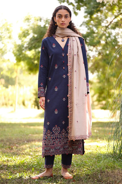 BrandsInn- 3PC DHANAK EMBROIDERED SHIRT WITH DHANAK EMBROIDERED SHAWL & EMB TROUSER-BI-4069