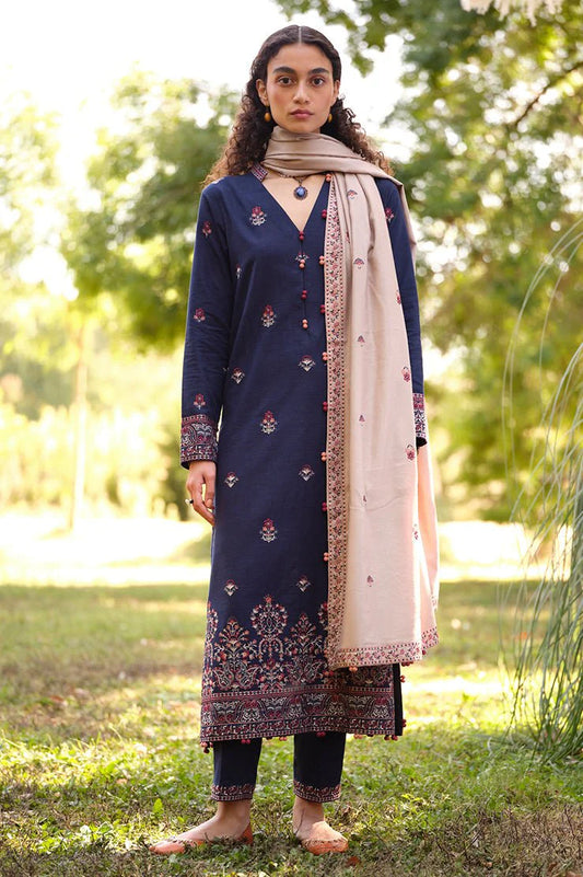BrandsInn- 3PC DHANAK EMBROIDERED SHIRT WITH DHANAK EMBROIDERED SHAWL & EMB TROUSER-BI-4069