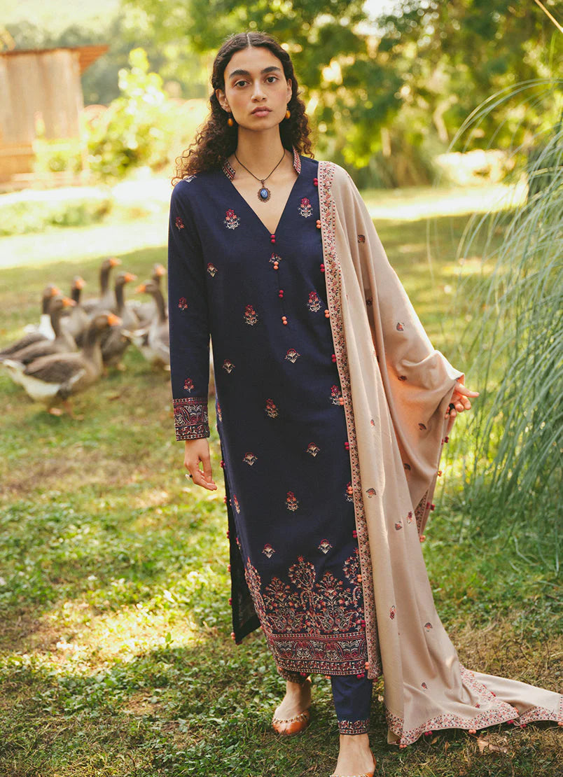 BrandsInn- 3PC DHANAK EMBROIDERED SHIRT WITH DHANAK EMBROIDERED SHAWL & EMB TROUSER-BI-4069