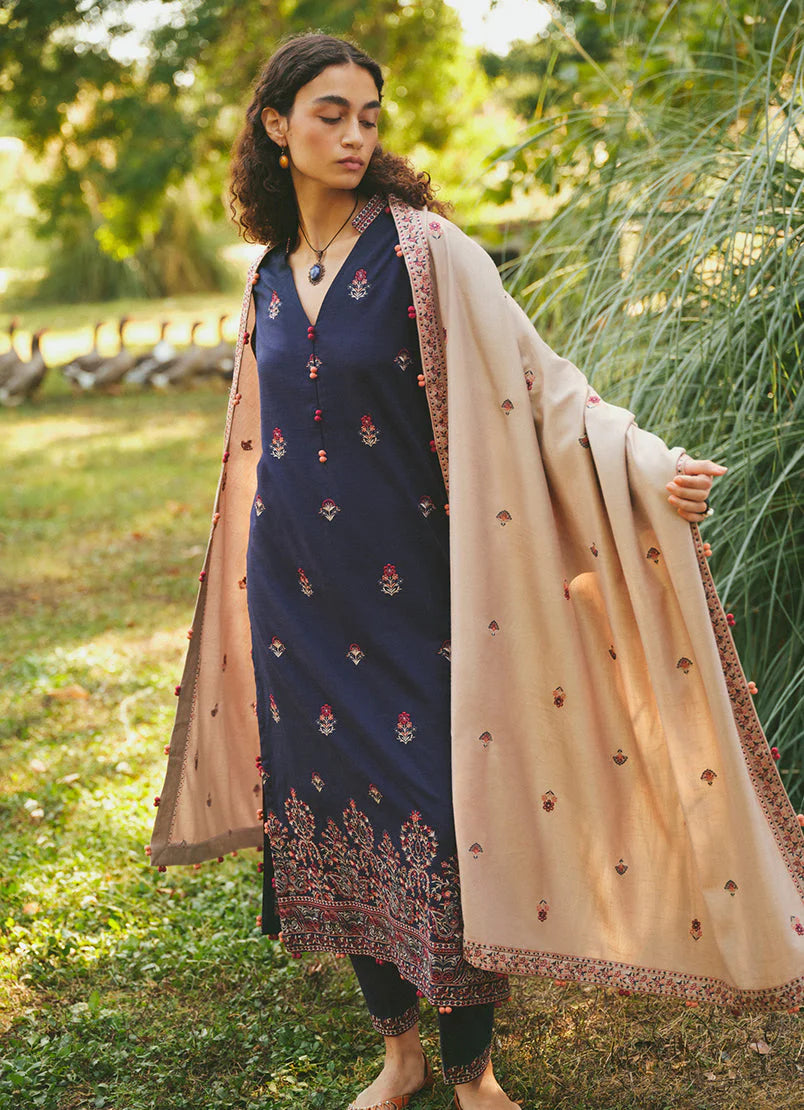 BrandsInn- 3PC DHANAK EMBROIDERED SHIRT WITH DHANAK EMBROIDERED SHAWL & EMB TROUSER-BI-4069