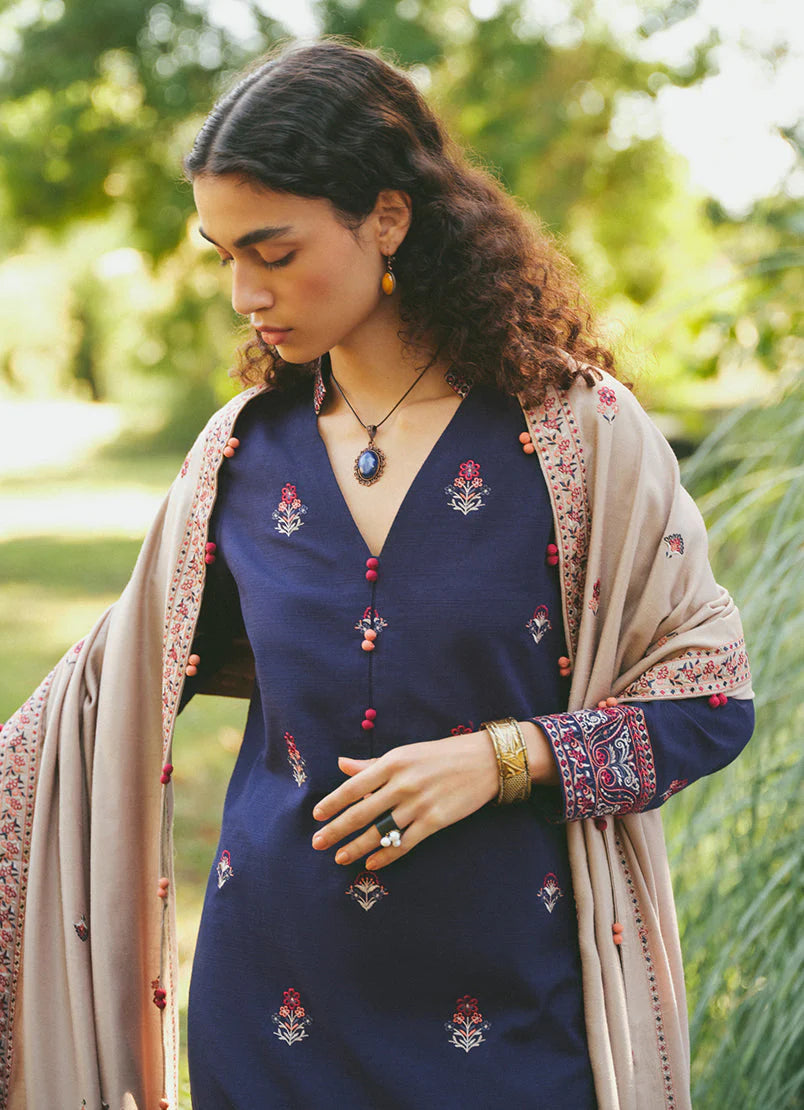 BrandsInn- 3PC DHANAK EMBROIDERED SHIRT WITH DHANAK EMBROIDERED SHAWL & EMB TROUSER-BI-4069