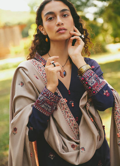 BrandsInn- 3PC DHANAK EMBROIDERED SHIRT WITH DHANAK EMBROIDERED SHAWL & EMB TROUSER-BI-4069