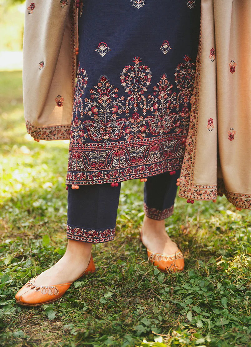 BrandsInn- 3PC DHANAK EMBROIDERED SHIRT WITH DHANAK EMBROIDERED SHAWL & EMB TROUSER-BI-4069
