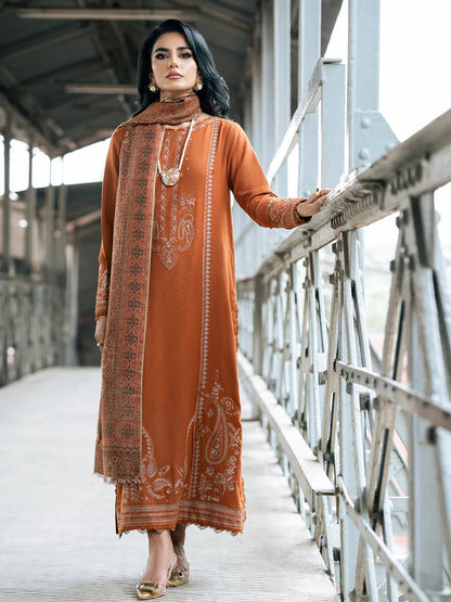 BrandsInn-3PC DHANAK EMBROIDERED SHIRT WITH COURTRAI PRINTED SHAWL AND TROUSER-BI-4146