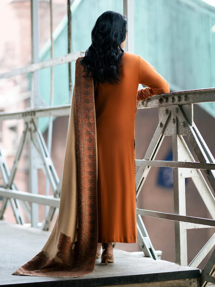 BrandsInn-3PC DHANAK EMBROIDERED SHIRT WITH COURTRAI PRINTED SHAWL AND TROUSER-BI-4146