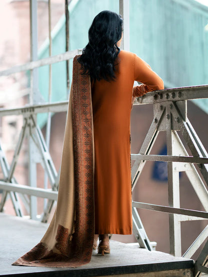 BrandsInn-3PC DHANAK EMBROIDERED SHIRT WITH COURTRAI PRINTED SHAWL AND TROUSER-BI-4146