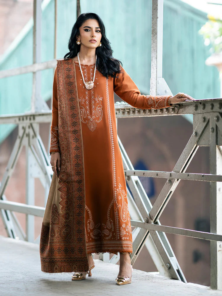 BrandsInn-3PC DHANAK EMBROIDERED SHIRT WITH COURTRAI PRINTED SHAWL AND TROUSER-BI-4146
