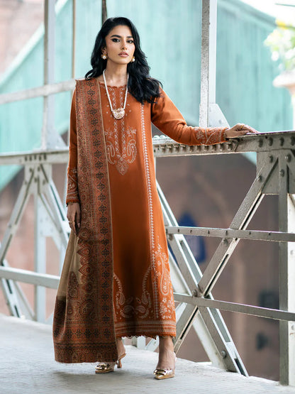 BrandsInn-3PC DHANAK EMBROIDERED SHIRT WITH COURTRAI PRINTED SHAWL AND TROUSER-BI-4146