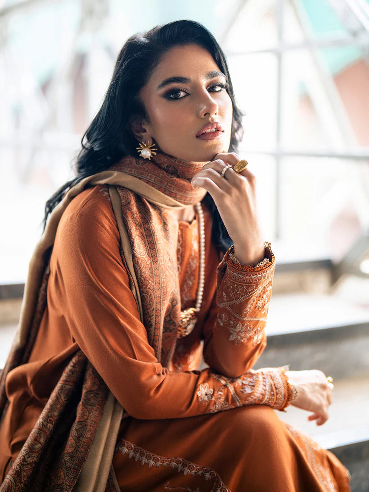 BrandsInn-3PC DHANAK EMBROIDERED SHIRT WITH COURTRAI PRINTED SHAWL AND TROUSER-BI-4146
