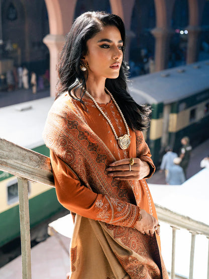 BrandsInn-3PC DHANAK EMBROIDERED SHIRT WITH COURTRAI PRINTED SHAWL AND TROUSER-BI-4146