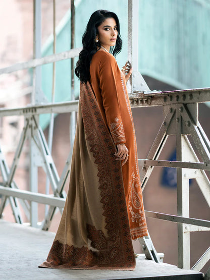 BrandsInn-3PC DHANAK EMBROIDERED SHIRT WITH COURTRAI PRINTED SHAWL AND TROUSER-BI-4146