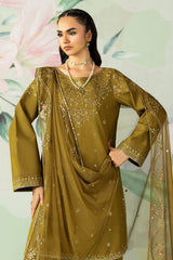 BrandsInn-3PC DHANAK SEQUIN EMBROIDERED SHIRT WITH COTTON NET EMBROIDERED DUPATTA AND TROUSER-B-4194