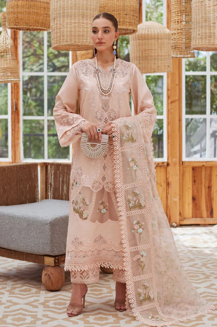 BrandsInn-3PC LAWN LASERWORK EMBROIDERED SHIRT WITH CHIFFON PRINTED EMBROIDERED DUPATTA AND TROUSER-BI-4648