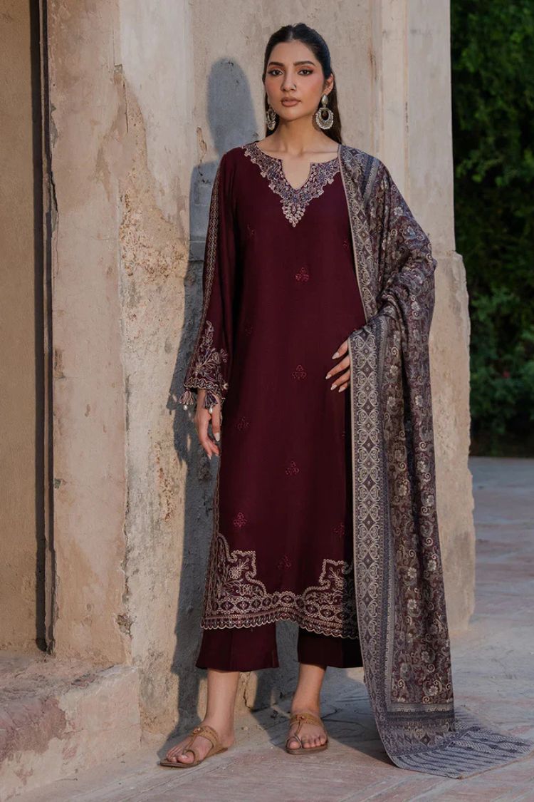 BrandsInn-3PC DHANAK EMBROIDERED SHIRT WITH COURTRAI PRINTED SHAWL & TROUSER-BI-4364