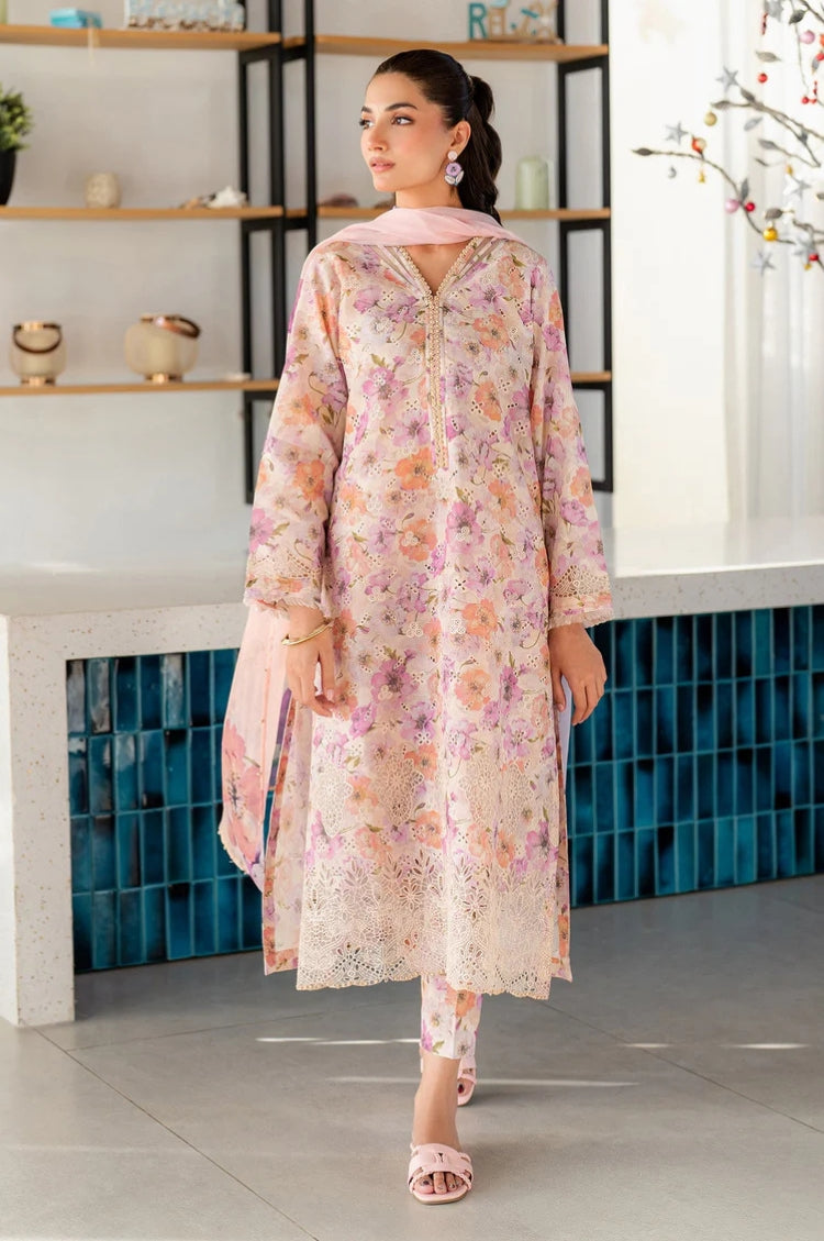 BrandsInn-3PC LAWN SCHIFFLI EMBROIDERED PRINTED SHIRT WITH SILK PRINT DUPATTA AND PRINT TROUSER-039