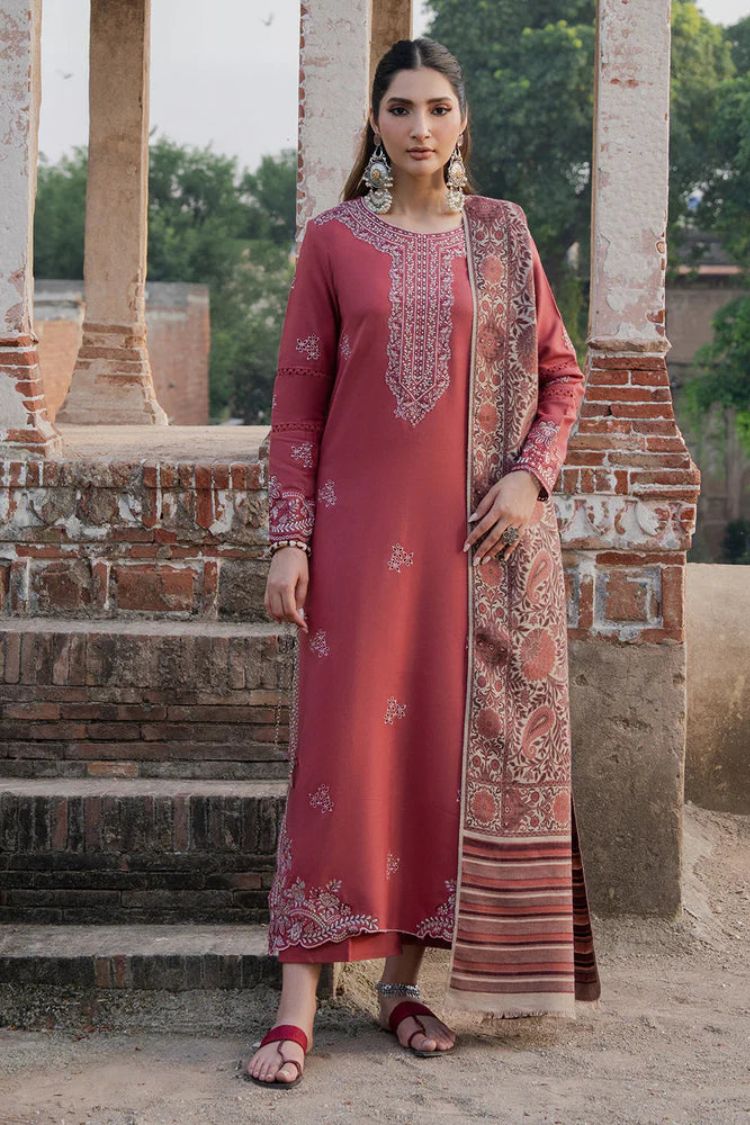 BrandsInn-3PC DHANAK EMBROIDERED SHIRT WITH COURTRAI PRINTED SHAWL & TROUSER-BI-4356