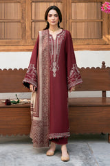 BrandsInn-3PC KHADDAR EMBROIDERED SHIRT WITH COURTRAI PRINTED SHAWL & TROUSER-BI-4384
