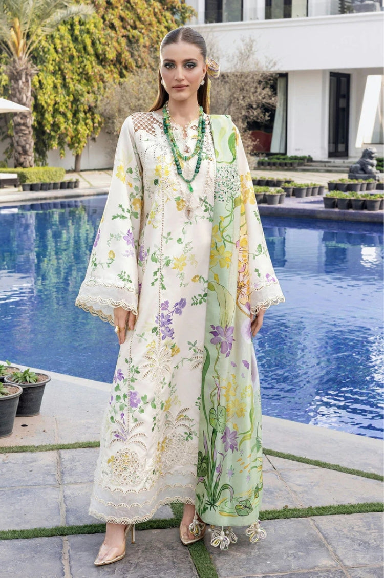 BrandsInn-3PC LAWN DIGITAL PRINTED CHIKANKARI EMB SHIRT WITH SILK PRINTED DUPATTA AND PRINTED TROUSER-BI-025