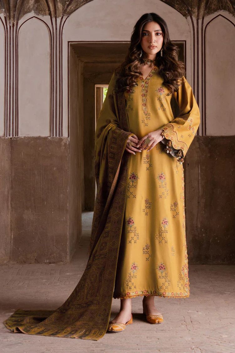 BrandsInn-3PC KHADDAR EMBROIDERED SHIRT WITH PASHMINA WOOL SHAWL & KHADDAR TROUSER-BI-4355