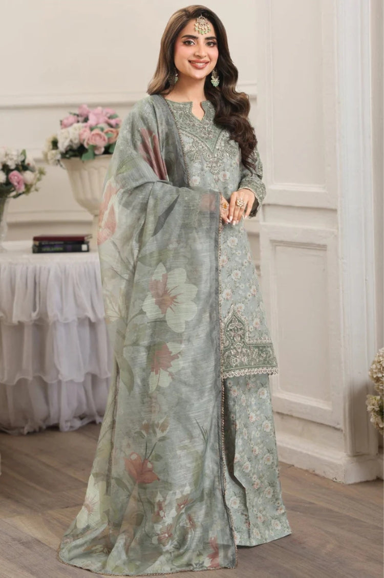 BrandsInn-3PC LAWN PRINTED EMBROIDERED SHIRT WITH SILK PRINTED DUPATTA AND PRINTED TROUSER-BI-008