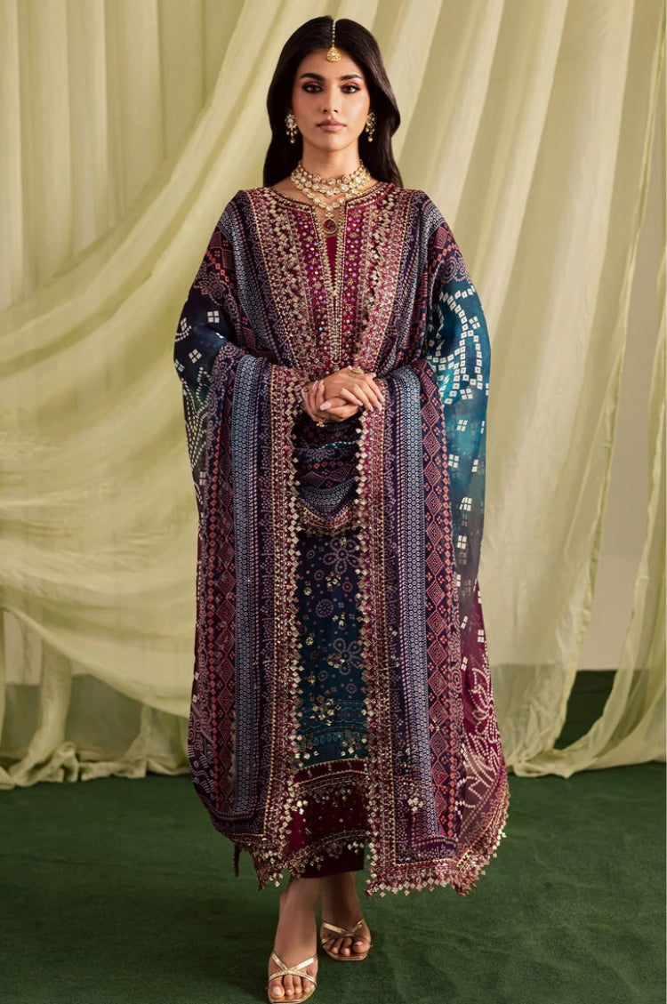 NUREH-3PC LAWN DIGITAL PRINTED EMBROIDERED SHIRT WITH CHUNRI PRINTED EMB DUPATTA AND DYED TROUSER-BI-018