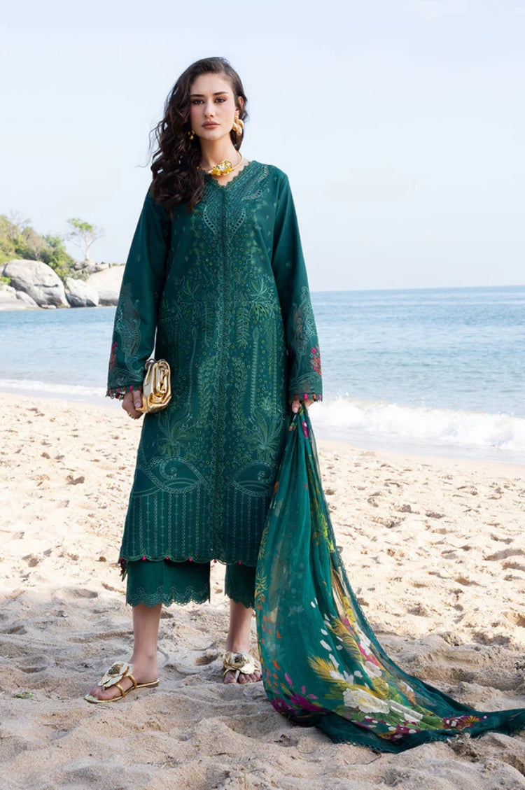 BrandsInn-3PC LAWN CHIKAN EMBROIDERED SHIRT WITH CHIFFON PRINTED DUPATTA AND TROUSER-BI-4877