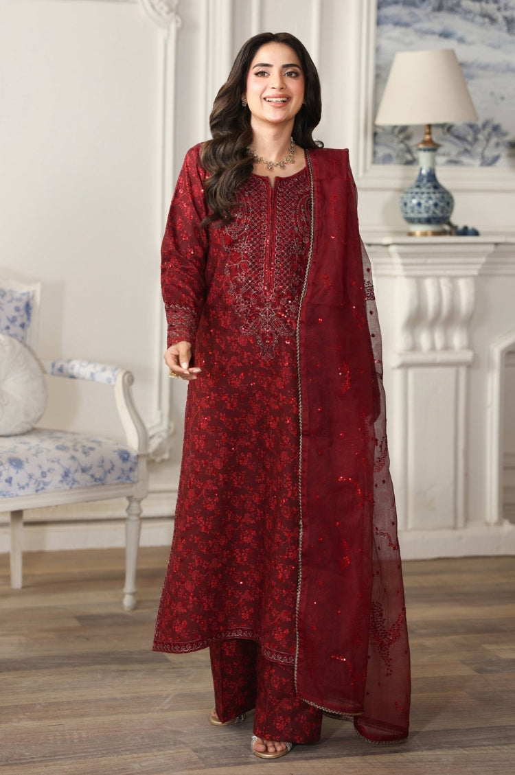 BrandsInn-3PC LAWN PRINTED EMBROIDERED SHIRT WITH ORGANZA EMBROIDERED DUPATTA AND PRINT TROUSER-BI-003