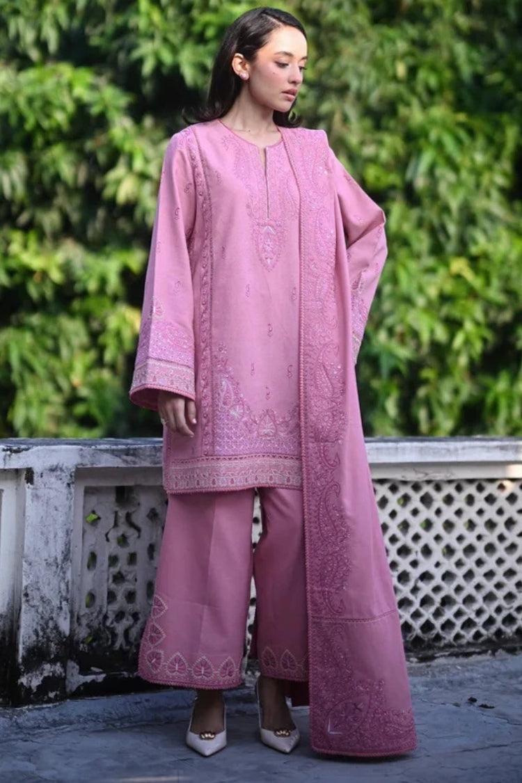 BrandsInn-3PC DHANAK EMBROIDERED SHIRT WITH DHANAK EMBROIDERED SHAWL AND TROUSER-BI-4399