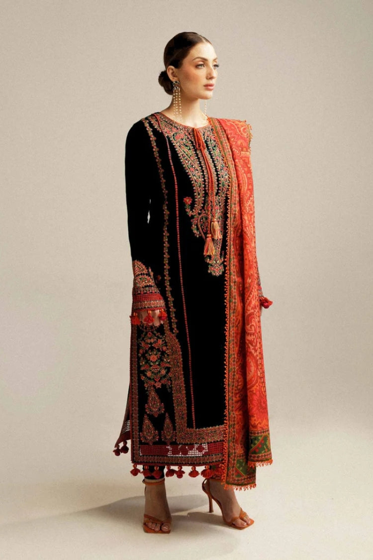 BrandsInn-3PC DHANAK EMBROIDERED SHIRT WITH COURTRAI PRINTED SHAWL AND TROUSER-BI-4343 BLACK