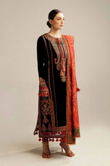BrandsInn-3PC DHANAK EMBROIDERED SHIRT WITH COURTRAI PRINTED SHAWL AND TROUSER-BI-4343 BLACK