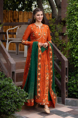 BrandsInn-FROCK 3PC LAWN EMBROIDERED SHIRT WITH CHIFFON EMBROIDERED DUPATTA AND TROUSER-BI-4858
