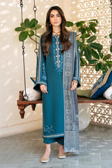 BrandsInn-3PC DHANAK EMBROIDERED SHIRT WITH COURTRAI PRINTED SHAWL & TROUSER-BI-4387