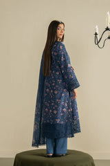 BrandsInn-3PC LAWN PRINTED EMB SHIRT WITH SILK PRINTED DUPATTA AND DYED TROUSER-BI-053