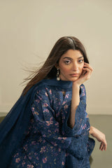 BrandsInn-3PC LAWN PRINTED EMB SHIRT WITH SILK PRINTED DUPATTA AND DYED TROUSER-BI-053