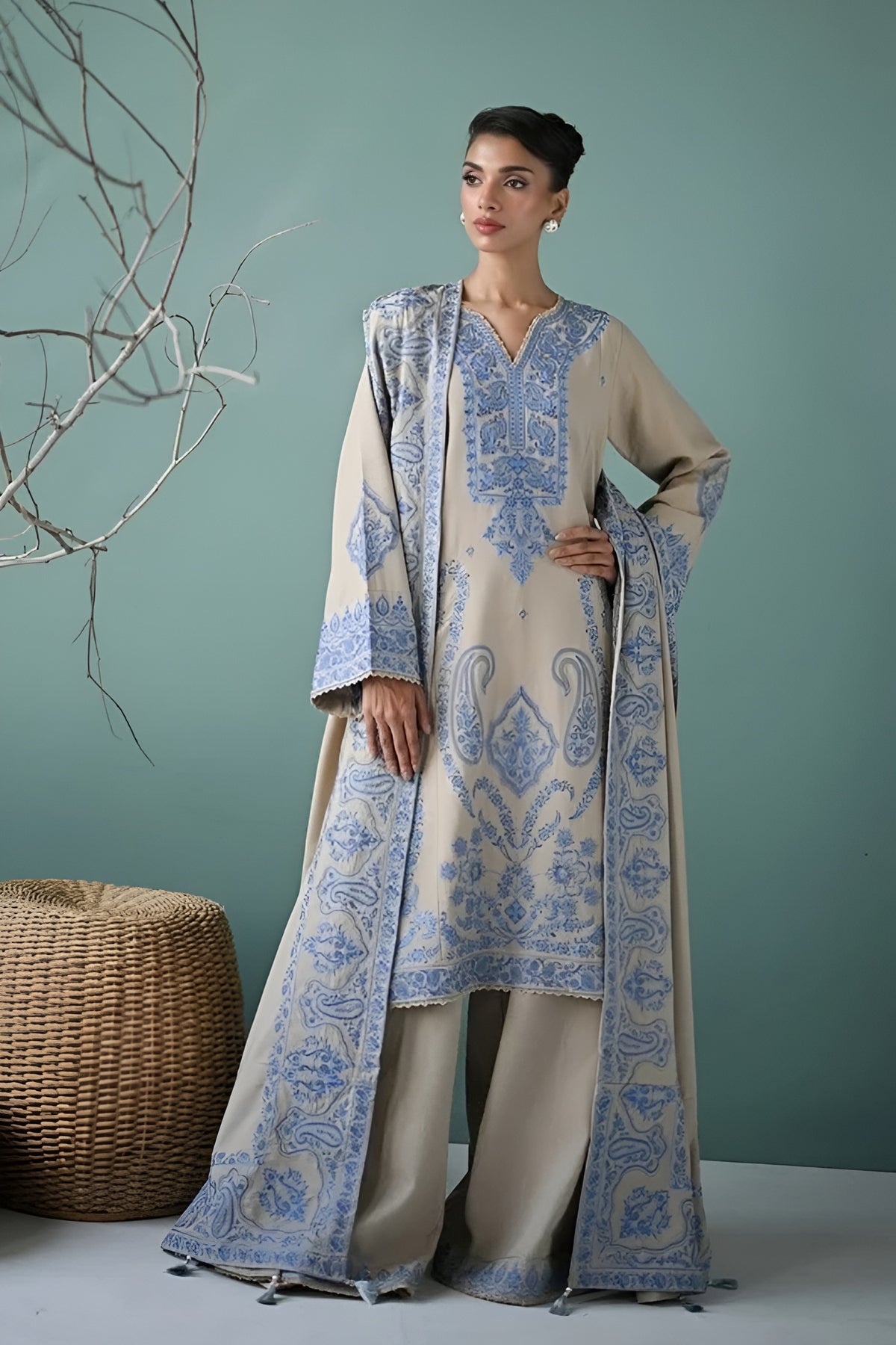 BrandsInn-3PC DHANAK EMBROIDERED SHIRT WITH DHANAK EMBROIDERED SHAWL AND EMB TROUSER-BI-5270