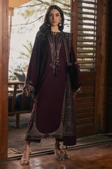 BrandsInn-3PC DHANAK EMBROIDERED SHIRT WITH COUTRAI PRINTED SHAWL AND TROUSER-BI-5324