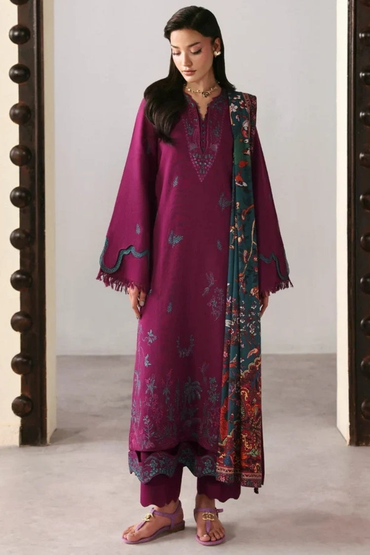 BrandsInn -3PC DHANAK EMBROIDERED SHIRT WITH WOOL PRINT SHAWL AND TROUSER -BI-5175