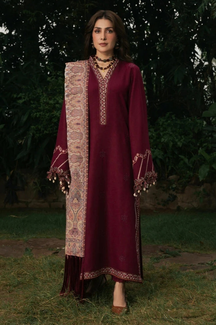 BrandsInn-3PC DHANAK EMBROIDERED SHIRT WITH COUTRAI PRINTED SHAWL AND TROUSER-BI-5323