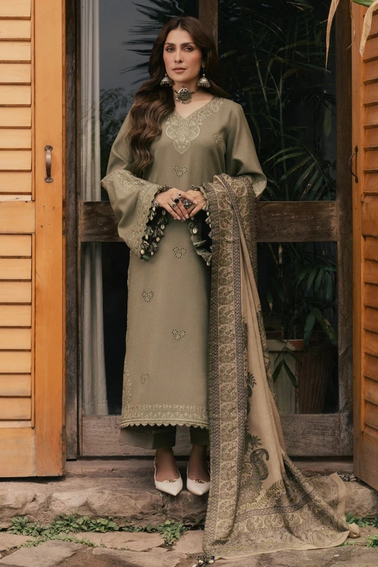 BrandsInn-3PC DHANAK EMBROIDERED SHIRT WITH COUTRAI PRINTED SHAWL AND TROUSER-BI-5328