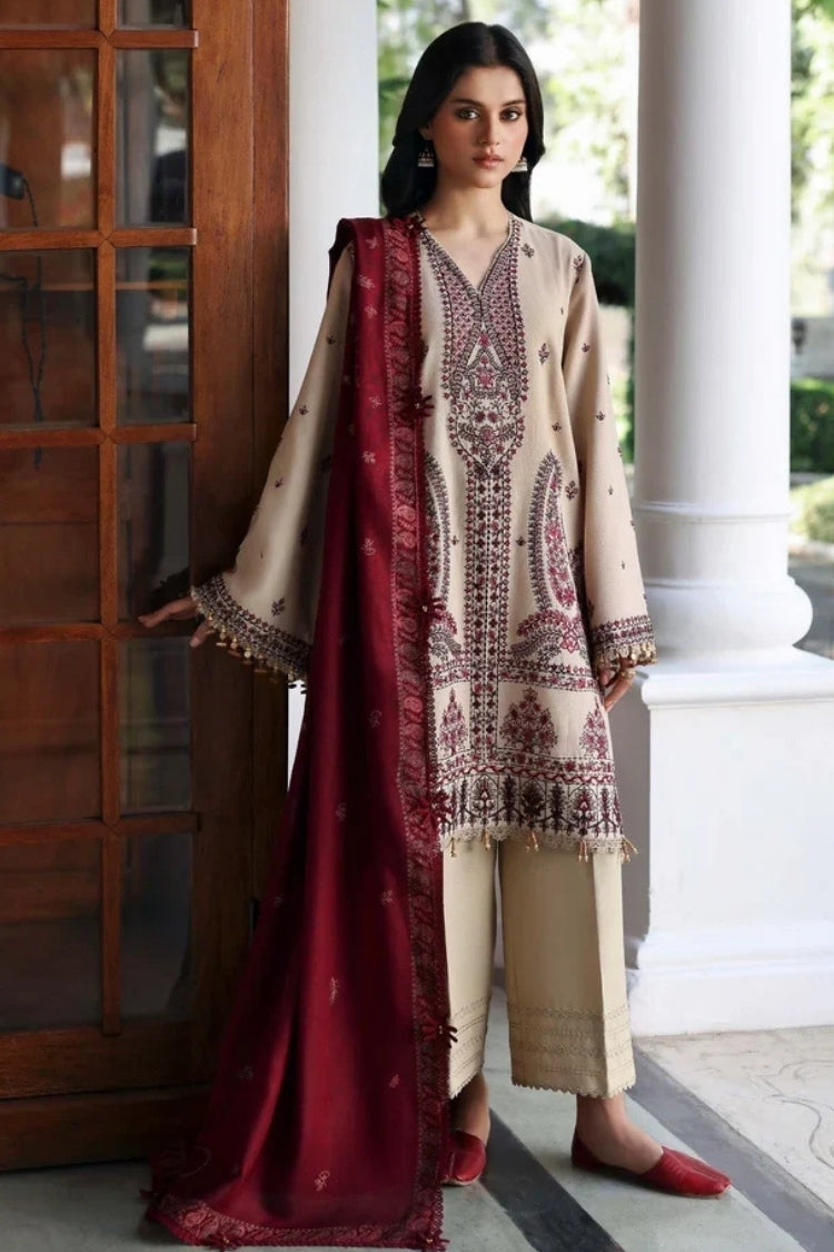 BrandsInn-3PC DHANAK EMBROIDERED SHIRT WITH DHANAK EMBROIDERED SHAWL AND EMB TROUSER -BI-5169