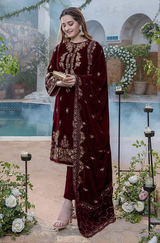 BrandsInn - 3PC Velvet Heavy Embroidered Shirt With Velvet Heavy Embroidered Shawl -5-B.9000.Micro-BIC-4013