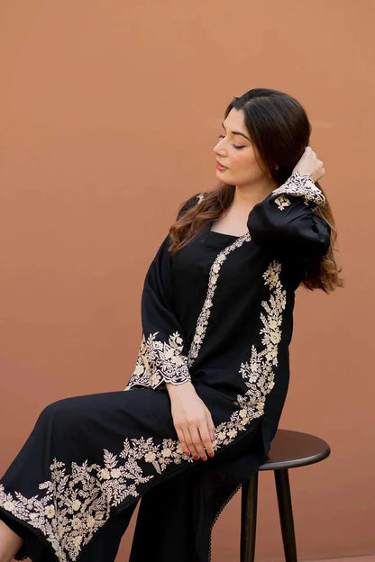 BrandsInn-2PC DHANAK EMBROIDERED SHIRT WITH DHANAK EMBROIDERED SLEEVES-BI-118